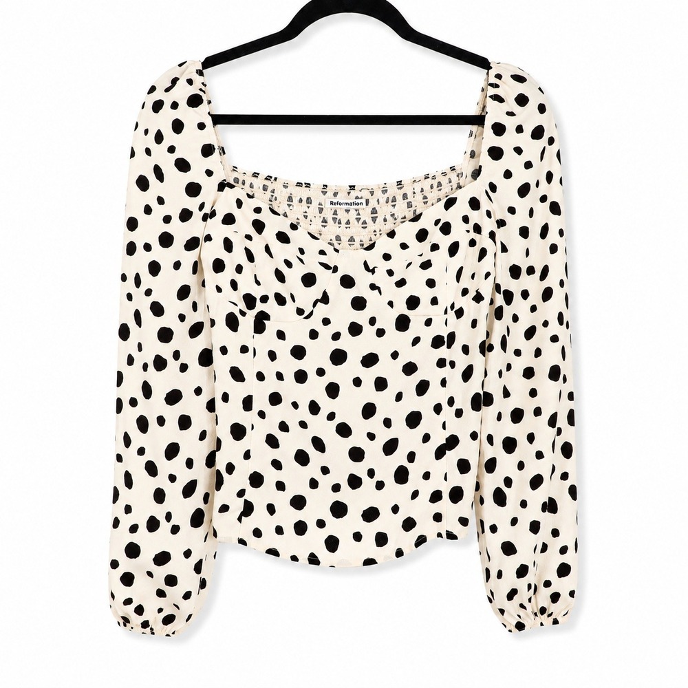 Reformation Reign Ink Blot Polka Dot Top Smocked Back Long Sleeve Blouse Size 8 - Picture 2 of 9